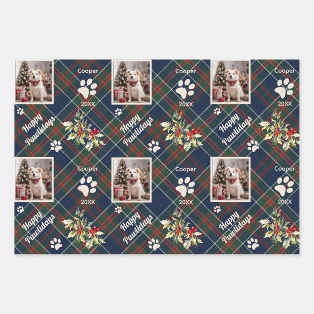 Feuille De Papier Cadeau Joyeux Pawlidays Chien Bleu Plaid Noël (Devant)