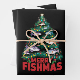 Feuille De Papier Cadeau Joyeux Poissons de Noël Lumières Poissons Pêche