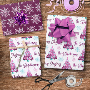 Feuille De Papier Cadeau Joyeux sapin de Noël mauve-violet personnalisé
