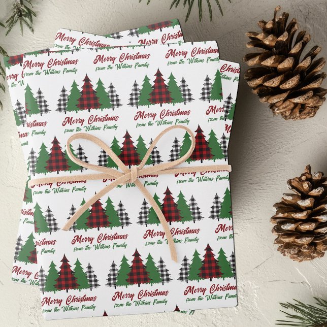 Feuille De Papier Cadeau Joyeux sapins rouges rustiques Customisés (Créateur téléchargé)