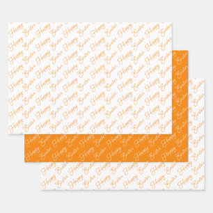 Feuille De Papier Cadeau Joyeux Script de Pâques orange et blanc