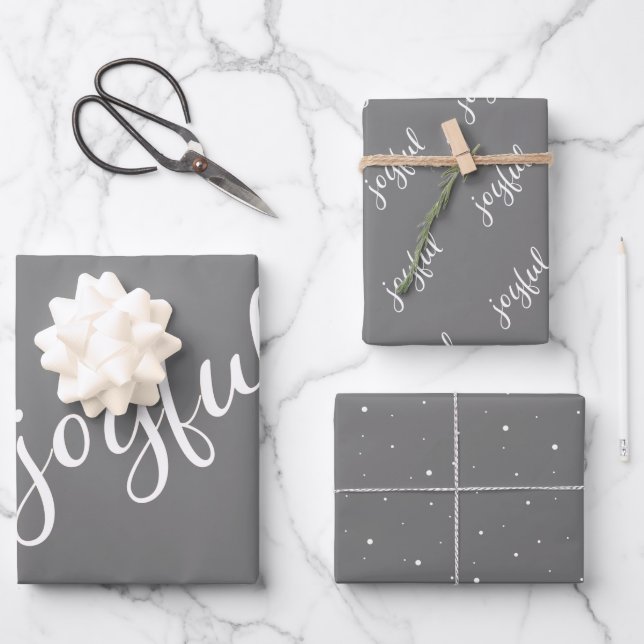 Feuille De Papier Cadeau Joyeux Script Flocon de neige Simple Grey Holiday (Recto)