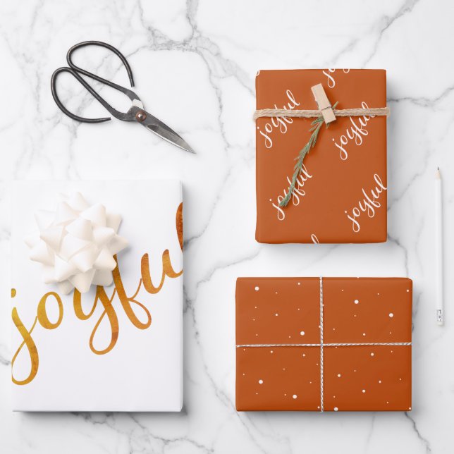 Feuille De Papier Cadeau Joyeux Script Snowflakes Orange Holiday (Recto)