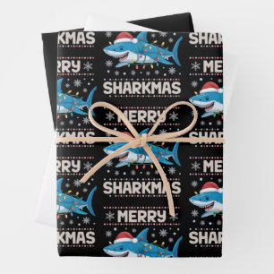 Feuille De Papier Cadeau Joyeux Sharkmas Santa Guirlandes de Noël Laides Xm