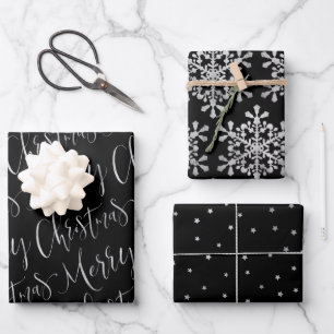 Feuille De Papier Cadeau Joyeux Snowflakes Noir Et Argent Étoiles