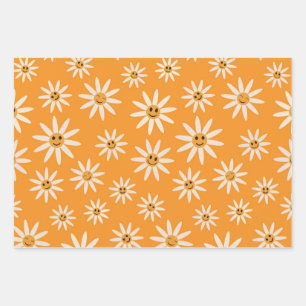Feuille De Papier Cadeau Joyeux sourire rétro fleurs blanches motif