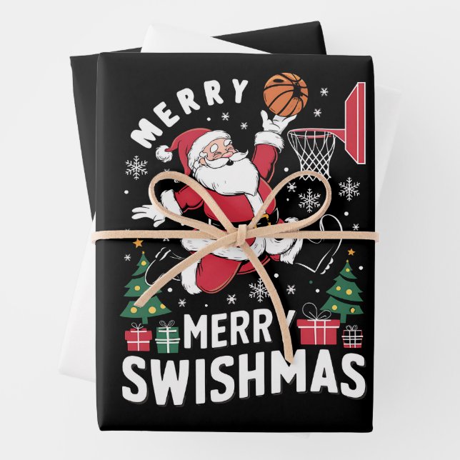 Feuille De Papier Cadeau Joyeux Swishmas Noël Père Noël Jouer Basketball (En situation)