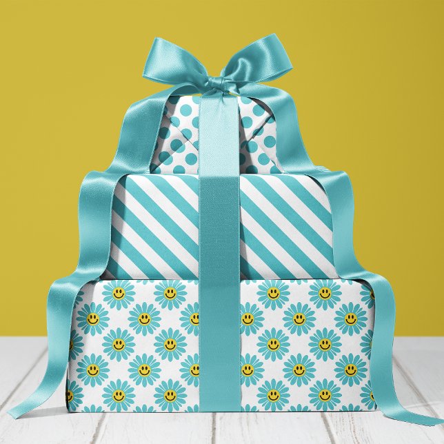 Feuille De Papier Cadeau Joyeux turquoise marguerite florale rayures Polka  (Créateur téléchargé)