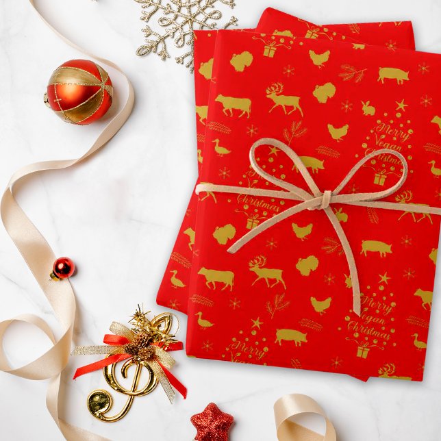 Feuille De Papier Cadeau Joyeux Vegan Noël Red et Gold Farm Animaux (Créateur téléchargé)