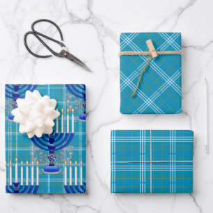 Feuille De Papier Cadeau Juif-Menorah-Plaid-Cyan