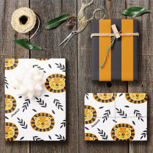 Feuille De Papier Cadeau Jungle Lion Motif avec nom enfant Anniversaire