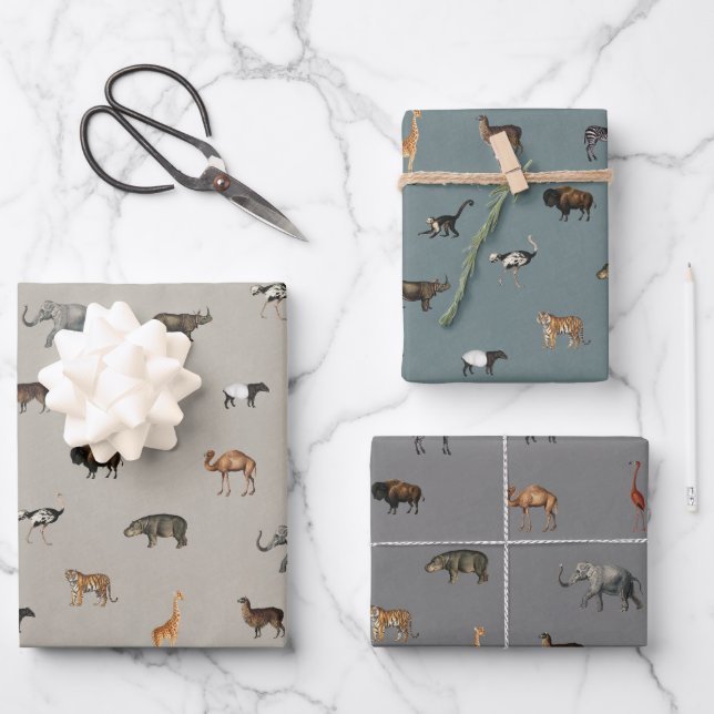 Feuille De Papier Cadeau Jungle Safari Animals Pattern Blue Beige Grey (Recto)