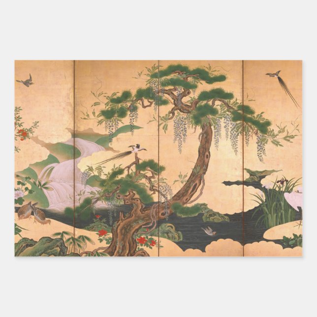 Feuille De Papier Cadeau Kano Eino Oiseaux et fleurs du printemps et de l'é (Devant)