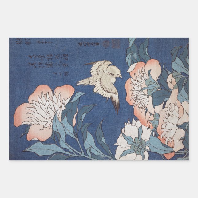 Feuille De Papier Cadeau Katsushika Hokusai Peonies et Canary Wrappage Pap (Devant)