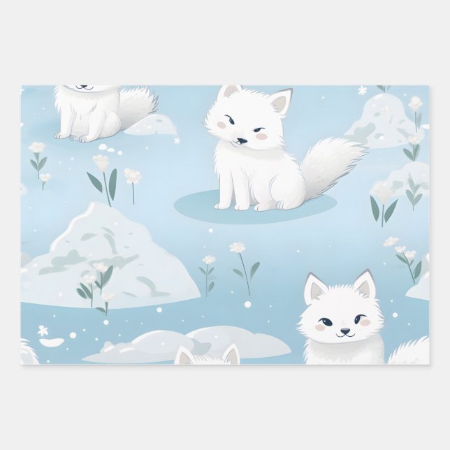 Feuille De Papier Cadeau Kawaii Cute Baby Arctic Foxes (Devant)