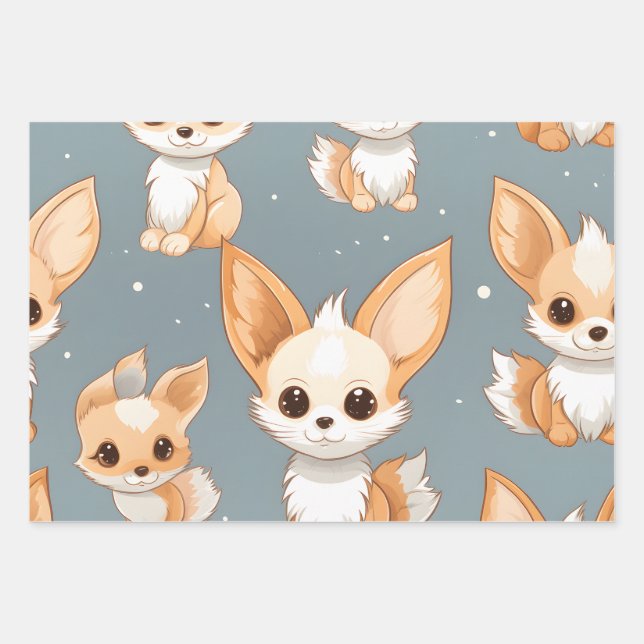 Feuille De Papier Cadeau Kawaii Cute Baby Fennec Foxes (Devant)
