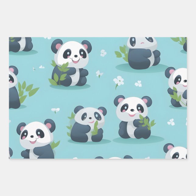 Feuille De Papier Cadeau Kawaii Cute Baby Pandas (Devant)