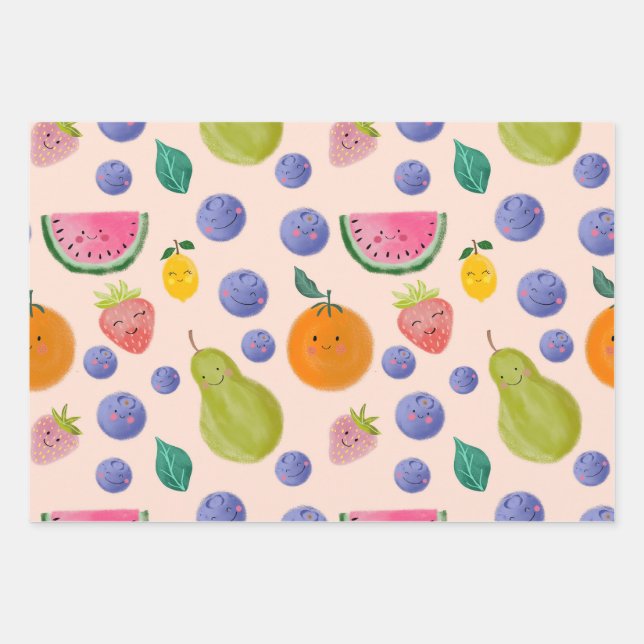 Feuille De Papier Cadeau Kawaii Hand-drawn Happy Fruits (Devant)