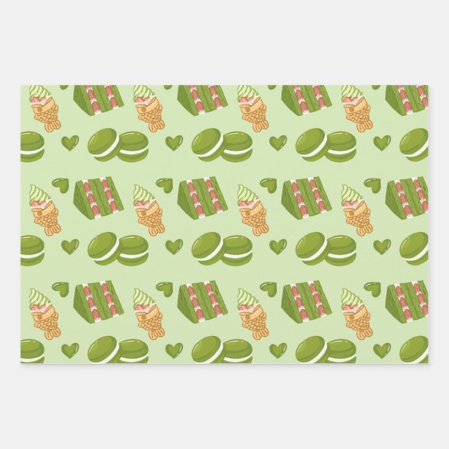 Feuille De Papier Cadeau Kawaii Hand-Drawn Matcha Sweets Seamless Pattern (Devant)