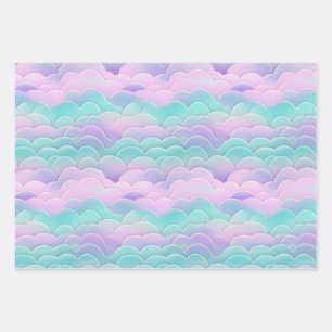 Feuille De Papier Cadeau Kawaii Pastel Clouds rose bleu Motif répétitif