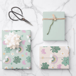 Feuille De Papier Cadeau Kawaii Shamrock & Rainbow Pastel Ensemble vert de 