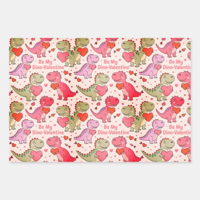 Feuille De Papier Cadeau Kids valentine wrap  with dinosaurs &hearts (Devant)