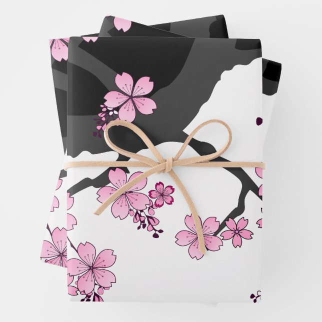 Feuille De Papier Cadeau Kimono japonais Sakura noir et blanc (En situation)