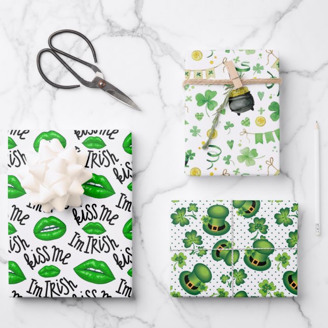 Feuille De Papier Cadeau Kiss Me I Am Green, Casquette du Shamrock irlandai (Recto)