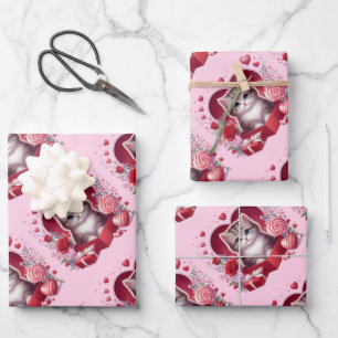 Feuille De Papier Cadeau Kitten assis en boîte avec des fleurs et des cadea