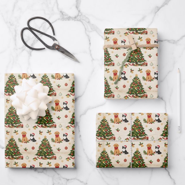 Feuille De Papier Cadeau Kittens, Puppies, and Christmas Trees Pattern (Recto)