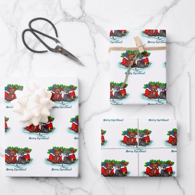 Feuille De Papier Cadeau Kitty et chiot, Happy XMas (Recto)
