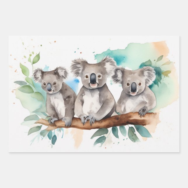 Feuille De Papier Cadeau Koala en aquarelle paysage extérieur (Devant)