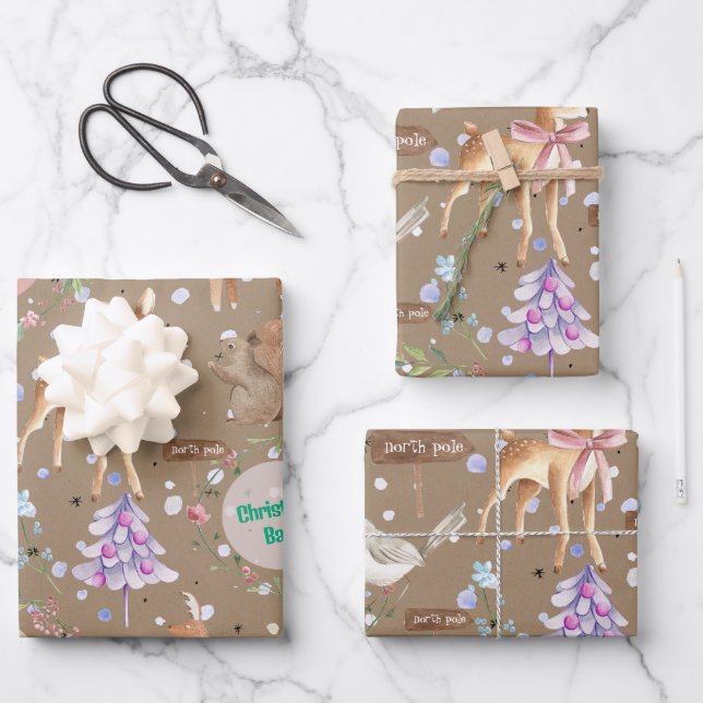 Feuille De Papier Cadeau Kraft Baby First Christmas Reindeer Ajouter Baby N (Recto)