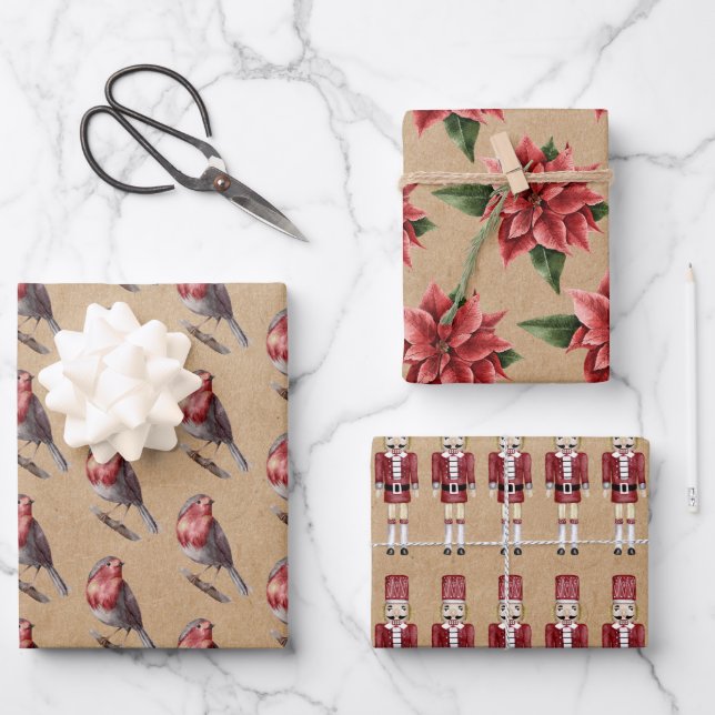 Feuille De Papier Cadeau Kraft d'hiver Robin Nutcracker Poinsettia (Recto)