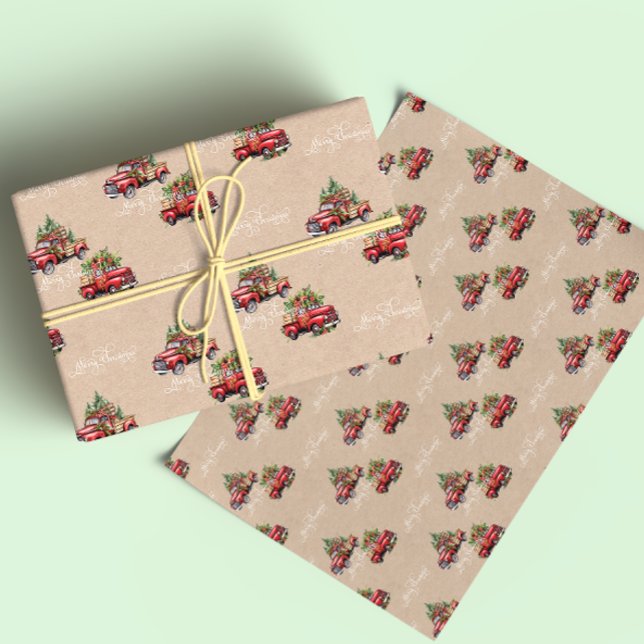 Feuille De Papier Cadeau Kraft Red Truck Christmas Tree Joyeux Noël (Créateur téléchargé)