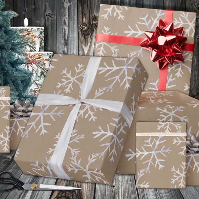 Feuille De Papier Cadeau Kraft Rustique Tiré À La Main Géant Blanc Snowflak (Kraft Rustic Hand-Drawn Icy White Snowflakes Wrapping Paper Sheets)