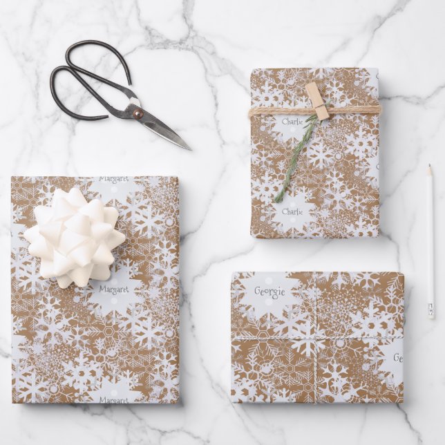 Feuille De Papier Cadeau Kraft Snowflakes Personnalisé Trois Noms Hiver (Recto)