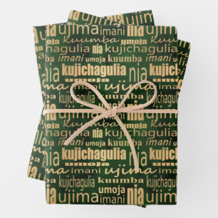 Feuille De Papier Cadeau Kwanzaa Sept Principes (Vert/Or)