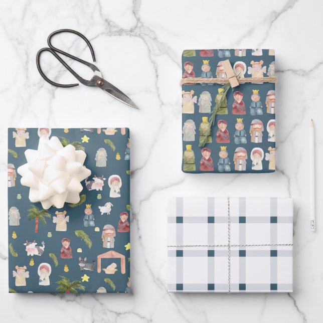 Feuille De Papier Cadeau La Nativité Noël marine (Recto)