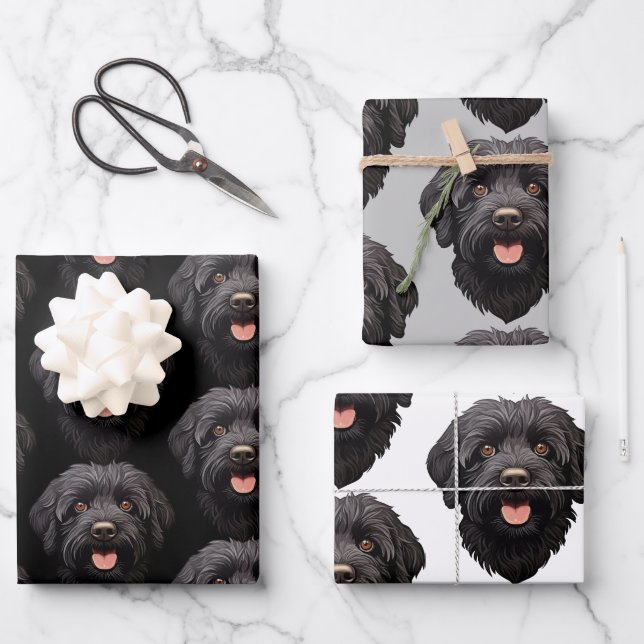 Feuille De Papier Cadeau Labradoodle Chien noir (Recto)