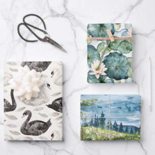 Feuille De Papier Cadeau Lac de nénuphars et cygnes pour la douche de la ma