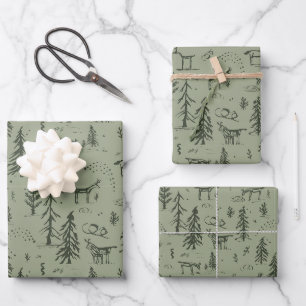 Feuille De Papier Cadeau Lac Pine Deer Life - motif de bois de sauge vert.