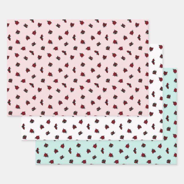 Feuille De Papier Cadeau Ladybugs Motif rose blanc Turquoise (Lot)