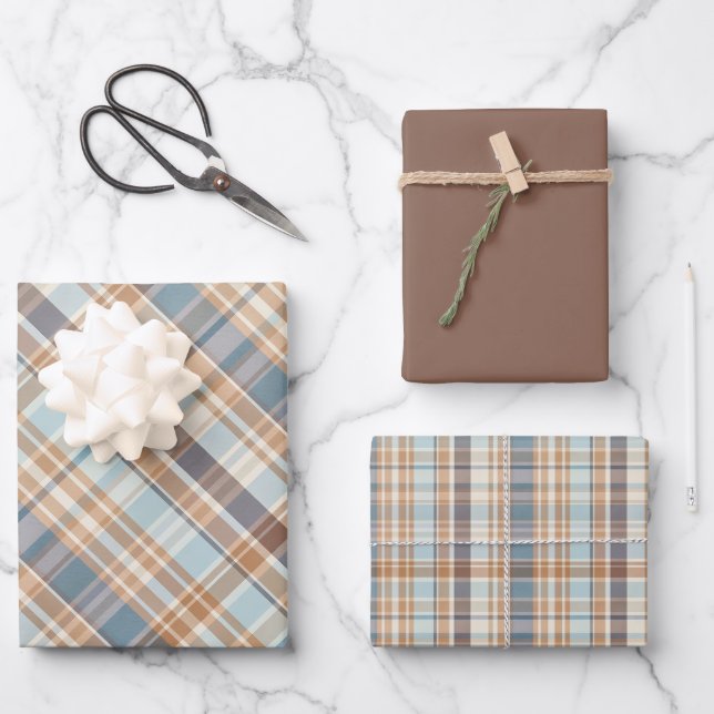 Feuille De Papier Cadeau Laine Brown, Gris, Tan & Plaid À La Crème (Recto)
