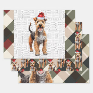 Feuille De Papier Cadeau Lakeland Terrier Chien de Noël Rouge et Vert Plaid