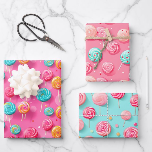 Feuille De Papier Cadeau Lane bonbon rose et bleu Lollipops amusant (Recto)