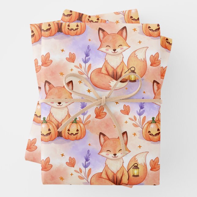 Feuille De Papier Cadeau Lantern Foxes & Pumpkin Whimsy – Autumn Woodland P (En situation)
