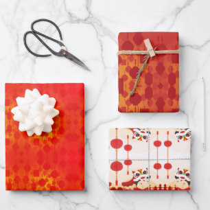 Feuille De Papier Cadeau Lanternes de danse du Lion chinois du Nouvel An W3