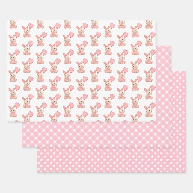Feuille De Papier Cadeau Lapin avec ballon rose  (Lot)