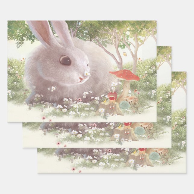 Feuille De Papier Cadeau Lapin avec Fleurs (Lot)